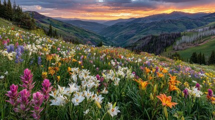 Obraz premium Colorful Mountain Meadow at Sunset