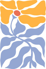 Abstract illustration of a stylized flower with orange petals and blue leaves