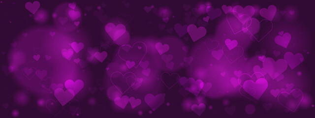 Romantic purple background with glowing hearts and soft bokeh effect, perfect for Valentine's Day or love-themed designs.