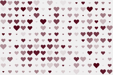 Abstract background with scattered hearts in various shades of red and pink, creating a romantic and loving pattern for design projects.
