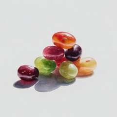Vibrant Translucent Jelly Beans Stacked with Soft Shadows on White.