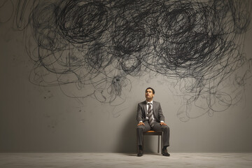 Anxious businessman gazes up at a cloud of scribbles illustrating stress, confusion, or overwhelming thoughts in neutral setting.