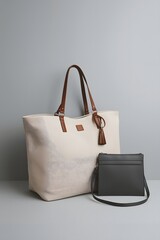 Minimal luxury leather handbag duo with beige tote and black purse on neutral studio background, elegant fashion accessory presentation
