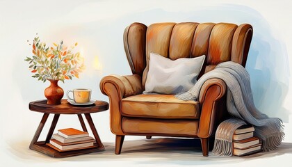 Acrylic Painting Illustration of a Cozy Winter Reading Nook with Comfortable Armchair, Throw Blanket, Pillow, Cup of Tea And Books. Christmas Holiday Leisure Activity. Winter To Do List. 