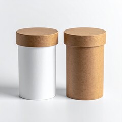 Two cylindrical containers, one white, one brown