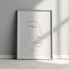 Minimalist Line Art Portrait in Frame, Shadow Play, Serene Aesthetic, Modern Decor.