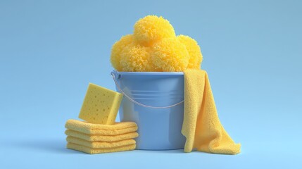 Light blue plastic bucket with yellow sponge and two folded yellow cleaning towels on light blue background, representing cleaning service supplies and equipment