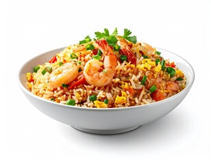 Shrimp fried rice in a white bowl, isolated