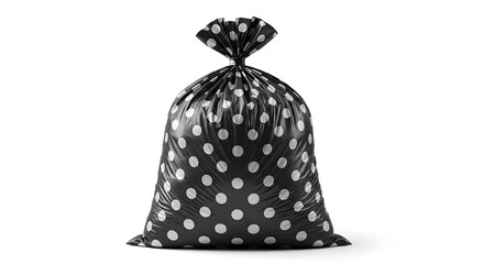 A full black garbage bag with a white polka dot pattern tied at the top isolated on a white background