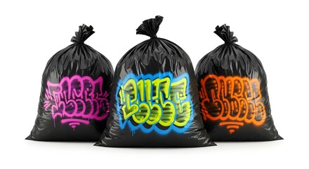 Three black garbage bags with colorful graffiti art sprayed on them against a white background
