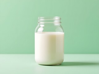 Fresh organic milk in a vintage glass bottle against a soothing mint green background, perfect for health and wellness campaigns or breakfast promotions