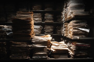 Labyrinth of Lost Knowledge - Sun-Streaked Piles of Aging Paper in a Dark Archive.