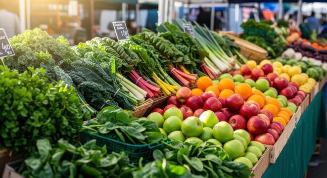 Abundant display of fresh fruits and leafy green vegetables at a vibrant outdoor market stall