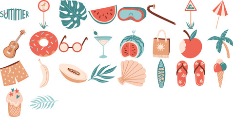 Assortment of summerthemed flat illustrations on a white background