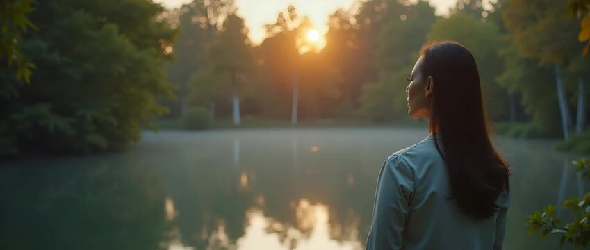 Serene reflective imagery conveying deep reflection and gratitude through subtle human expressions and tranquil natural settings during a solemn memorial ceremony in  Photo Stock  Concept  and empty s