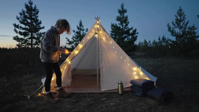 Child decorating a tent with fairy lights at twilight