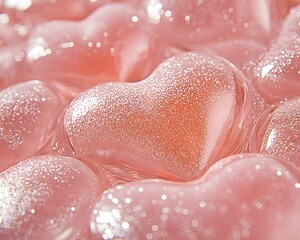 Fototapeta premium Sparkling pink heart jelly candies, sweet love theme concept design, close up
