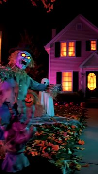 Creepy animated halloween decorations in a front yard at night, featuring a scary moving scarecrow, ghosts, jack-o'-lanterns, and a beware sign creating a frightening and festive autumn scene