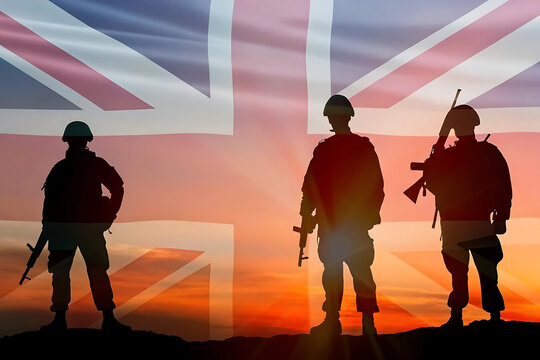 Silhouettes of british soldiers standing guard against the backdrop of the union jack flag at sunset