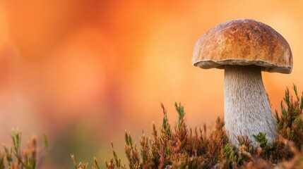 Macro of a single brown boletus mushroom in the scenery with a soft, dreamy, and orange background and bokeh. Shallow depth of field, Soft and blurred foreground