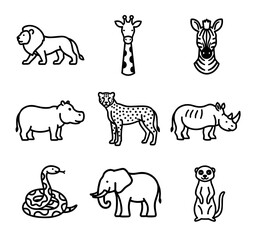 Collection of hand-drawn animals including lion, giraffe, and elephant  