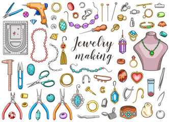 Artistic depiction of various tools and components for jewelry creation