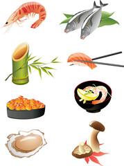 Assortment of Japanese foods and ingredients arranged on a white background