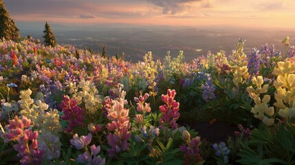 Colorful Mountain Meadow Sunset View