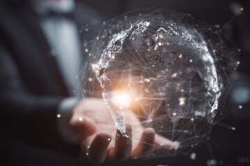 Person holding digital globe showing connection points, representing global connectivity and modern technology advancements.