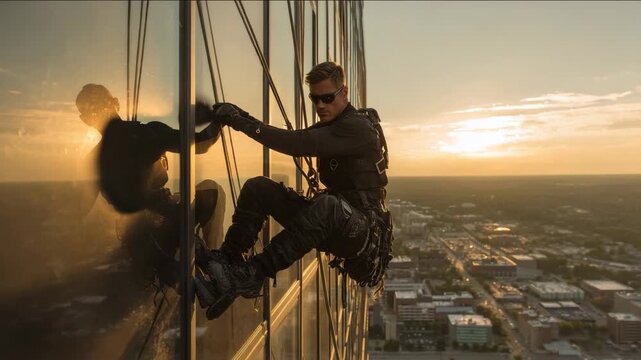 A man in dark clothing rappels down the side of a modern skyscraper, with a city skyline and the warm glow of the setting sun in the background.