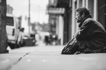 Obraz premium Man alone, sitting on a city street. The black and white photograph captures a quiet moment of contemplation in an urban setting.
