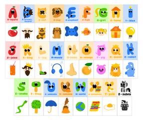Flashcards with a cute alphabet for kids. English ABC learning set. Cartoon colorful vector illustrations. Front and back sides included. 