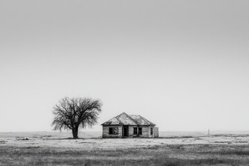 Abandoned House and Tree in Rural Landscape