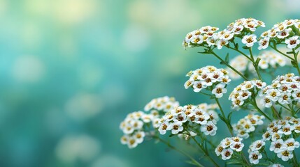 Macro white flower Alyssum (Lobularia maritima). Soft focus and blurry light background, copy space, banner 16:9. The concept of spring, summer, environment day.
