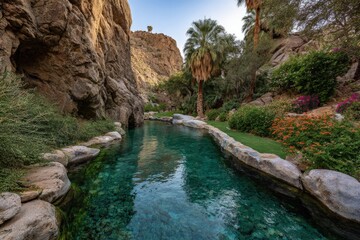 Serene Turquoise Pool Pathway In Desert Garden