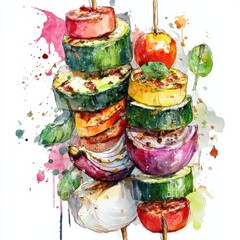 Vibrant Watercolor Skewers Bursting with Grilled Vegetables and Artistic Splashes.