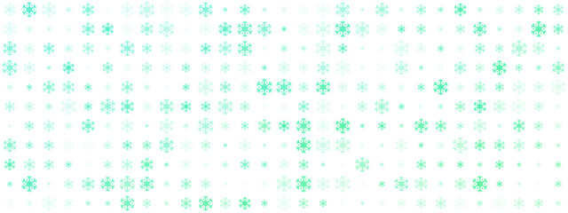 Seamless winter snowflake pattern with varying shades of green on a clean white background, perfect for festive designs and seasonal decor.