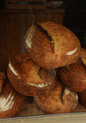 Freshly baked sourdough bread loaves displayed in a bakery window. Showing golden brown crusts, dusted flour, and inviting texture