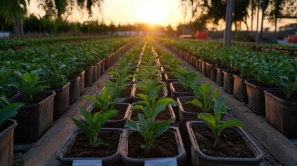 Rows of young plants bask in the warm glow of a sunset within a greenhouse, exemplifying a harmonious blend of nature and agriculture in a nurturing environment.