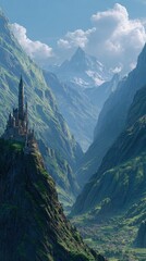 Pixel Art Castle Perched On Mountain Peak In Valley