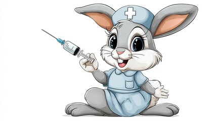 Animated gray rabbit nurse with big eyes, dressed in blue scrubs, holding a syringe with clear liquid