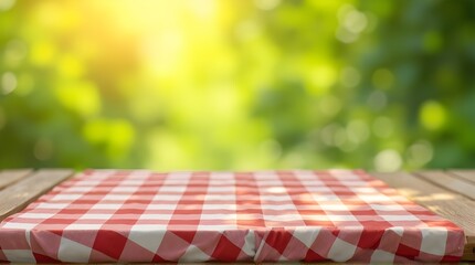 Sunny picnic scene ready for your summer event with a red and white checkered tablecloth and bright green bokeh background creating an inviting outdoor space
