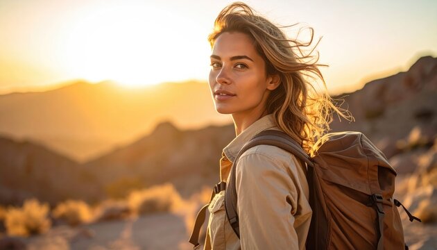 Joyful Woman with Backpack in Desert Landscape at Sunset Golden Hour Radiating Warmth and Adventure With Natural Light - Powered by Adobe