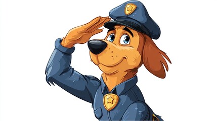Animated cartoon of a smiling brown dog in a blue police uniform saluting, with badge and hat, on white background