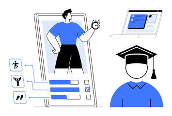 Mobile app interface displaying fitness options and progress bar, laptop with online course, graduation cap. Ideal for education, fitness, e-learning, personal growth, achievement, technology
