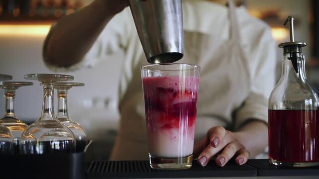 Bartender mixing a colorful cocktail
