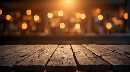 Rustic wooden table awaits your product, perfect for showcasing drinks, food, or crafts against warm, inviting bokeh lights background