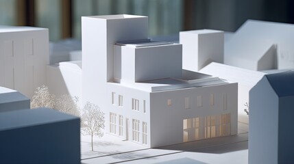 White Architectural Model Of A Building In Cityscape