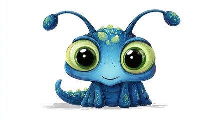 A charming cartoon alien with large, expressive eyes, blue skin, antennae, and a cute smile