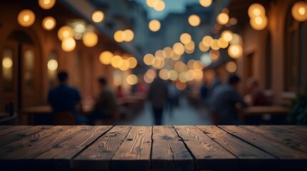 Rustic wood table at cozy outdoor cafe with blurred lights, perfect for food and drink promotions, inviting atmosphere, evening ambiance
